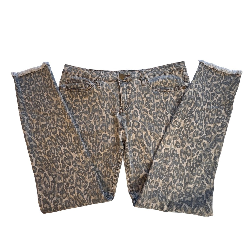 Easel Distressed Leopard Print Skinny‎ Jeans Raw Hem Frayed Tan/Gray Pants L